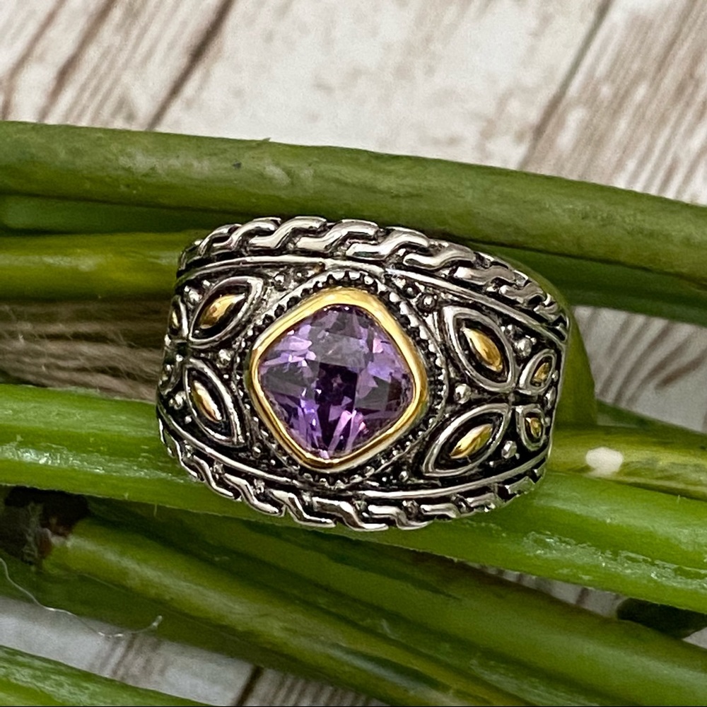 Amethyst 18K GE Electroplated Bali Artisan Ring Size 9